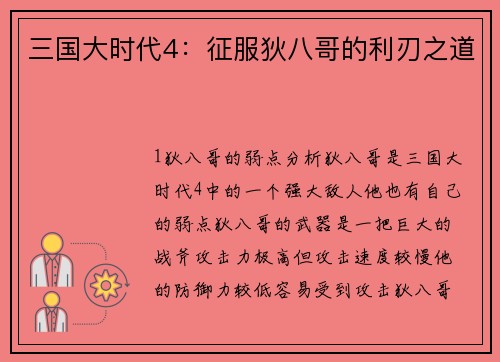 三国大时代4：征服狄八哥的利刃之道